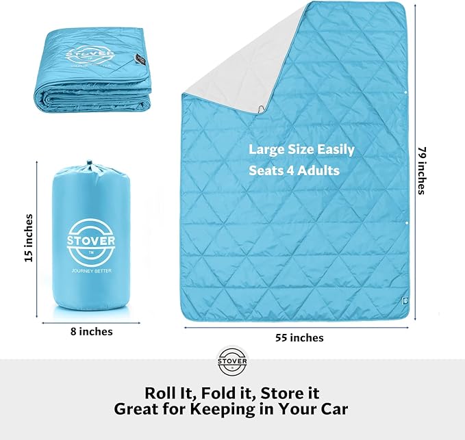STOVER Outdoor Waterproof Fleece Travel Blanket for Camping, Picnics, Stadiums, Sports, The Beach– Warm, Windproof, Compact, Lightweight & Sand-Resistant (Sky Blue)