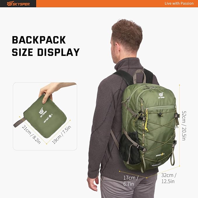 SKYSPER Packable Hiking Backpack 30L Lightweight Daypack Travel Backpacks for Women Men（Green）