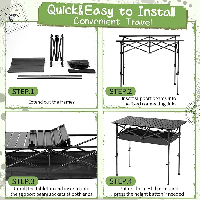 Briwooody 2 Pack Portable Folding Camping Table, Adjustable Height Aluminum Roll-Up Outdoor & Indoor Picnic Table with Large Carry Bag for Beach, BBQ, Travel & Backyard (47.2 x 21.65 Inches)