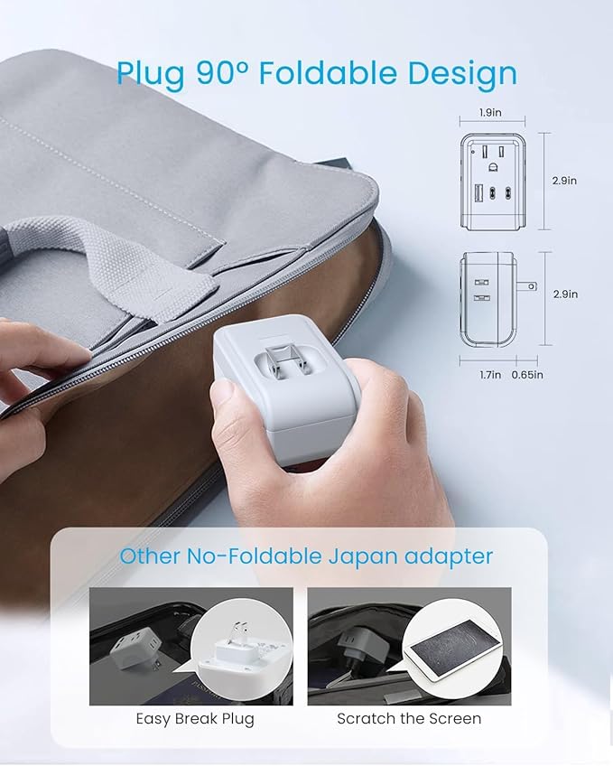 1 Pack US to Japan Plug Adapter, VINTAR Foldable Japan Power Adapter with 4 Outlets and 3 USB Ports(2 USB C), 2 Prong to 3 Prong Outlet Adapter for USA to Japan China Canada Philippine, Type A