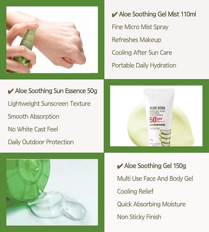 Aloe Vera Skincare Set, Korean Skin Care Kit with Soothing Gel 150g, Facial Mist 110ml & SPF50+ Sunscreen 50g, Hydrating Travel Size Skincare for Face & Body Daily Care