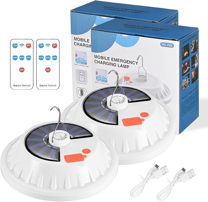 2-Pack Portable Rechargeable Camping Lights, Tent Lights LED Lantern Power Solar Battery Powered, 5 Lighting Modes, IP65 Waterproof Flashlight for Hiking/Emergency/Night