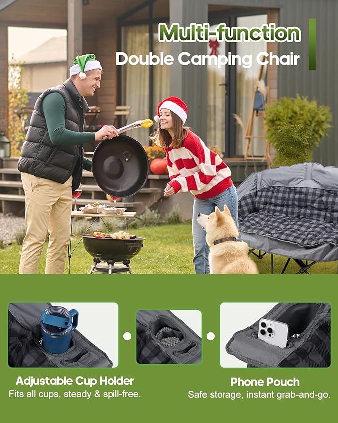 Double Camping Chair, Oversized Loveseat with 2 in 1 Carry Bag, Extra Padded Camp Chairs 2 Person Camping Couch Heavy Duty Sofa Folding Lawn Chair with Cup Holders for Couples Adults Patio Backyard
