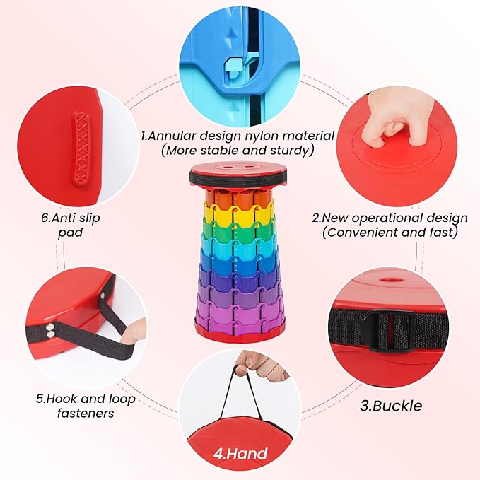 2 Pack Portable Telescoping Stools Collapsible Stool with Cushion,Retractable Foldingstool Max Load Capacity 400lbs, Portable Collapsible Stools for Camping Hiking Outdoor BBQ Rainbow-Red