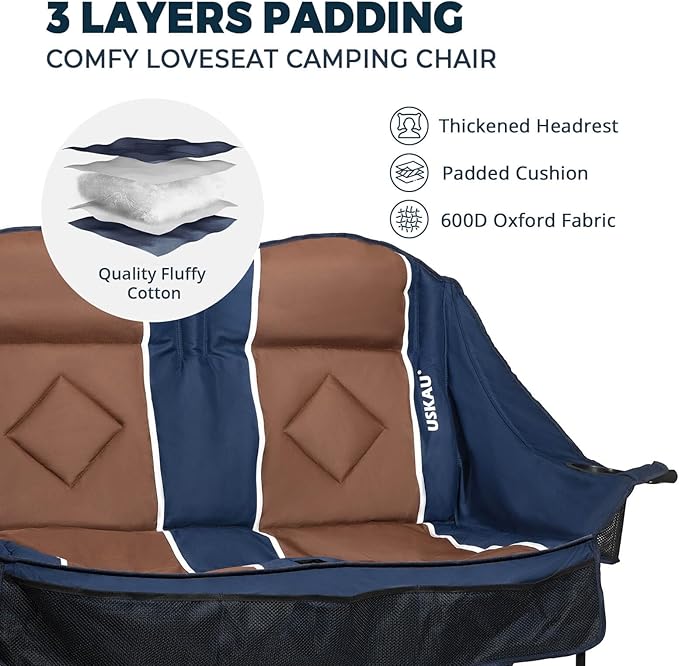 Double Camping Chair for Adults Oversized 2 Person Loveseat Chair for Heavy People, Folding Padded Outdoor Seat with Cup Holders & Carry Bag, 660 lbs Capacity, for Camping, Sports, Backyard