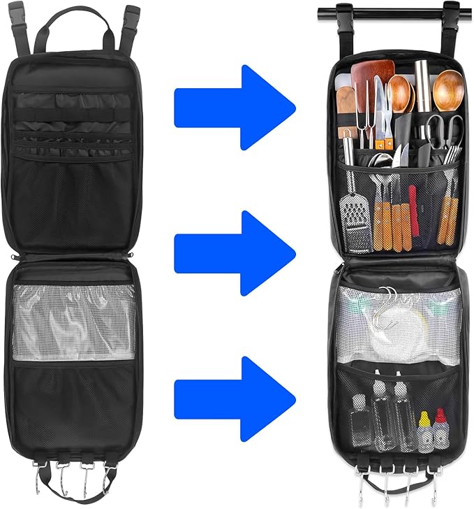 Camp Kitchen Organizer, Multi-Pocket Camping Cooking Utensils Bag, Waterproof Portable Storage for BBQ Outdoor Cooking Essentials