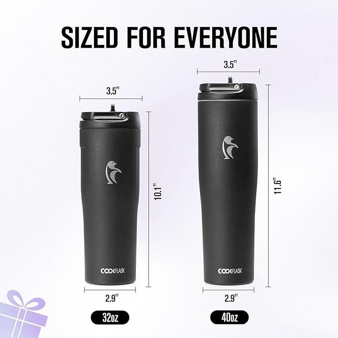 Coolflask Water Bottle 32 oz Fits Car Cup Holder, Slim Tumbler Stainless Steel with Straw & Handle, Vacuum Flask Leakproof Wide Mouth for Travel Sports Gym, Black
