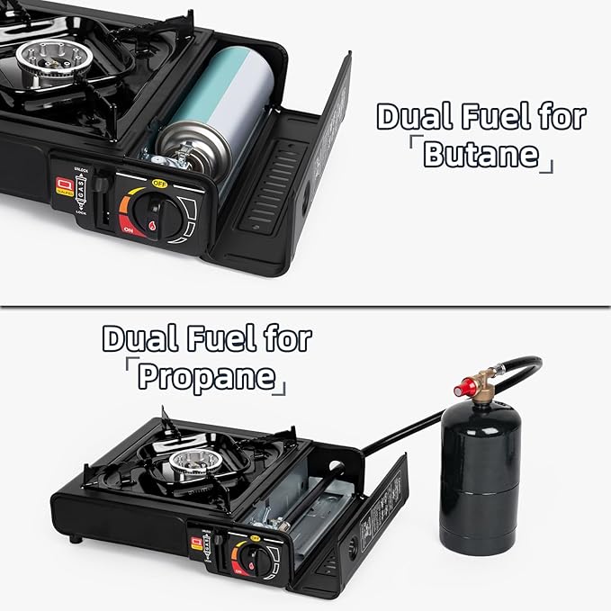 SHINESTAR Dual Fuel Stove with Butane & Propane Compatibility, Portable Camping Stove for Outdoor Cooking, Propane Adapter Hose and Carrying Case Included, 7800 BTUs Output