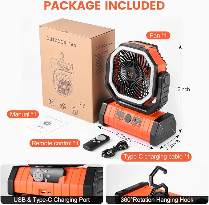 Odoland 30000mAh Camping Fan with LED Lantern, Rechargeable Battery Operated Oscillating with Remote Hook, Portable Tent Fan with Timer, 4 Speeds for Outdoor RV Jobsite Power Outage,Orange