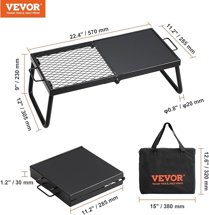 VEVOR Folding Campfire Grill, Heavy Duty Steel Mesh Grate, 22.4" Portable Camping Grates Over Fire Pit, Camp Fire Cooking Equipment with Legs Carrying Bag, Grilling Rack for Outdoor Open Flame Cooking