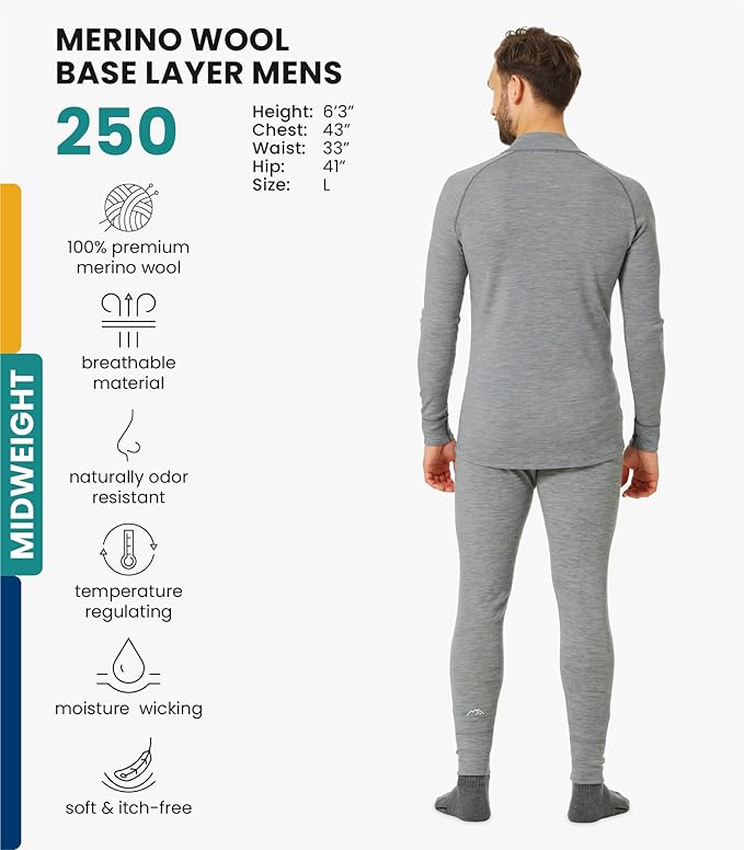 Merino.tech Men’s Merino Wool Base Layer Set – Zip-Up Heavyweight, Midweight Thermal Top & Bottom