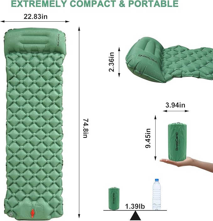 Camping Sleeping Pad, Ultralight Inflatable Mattress with Pillow Built-in Foot Pump for Outdoor Hiking Travel Tent Backpacking Trip Car, Compact Lightweight Camping Mat, Green