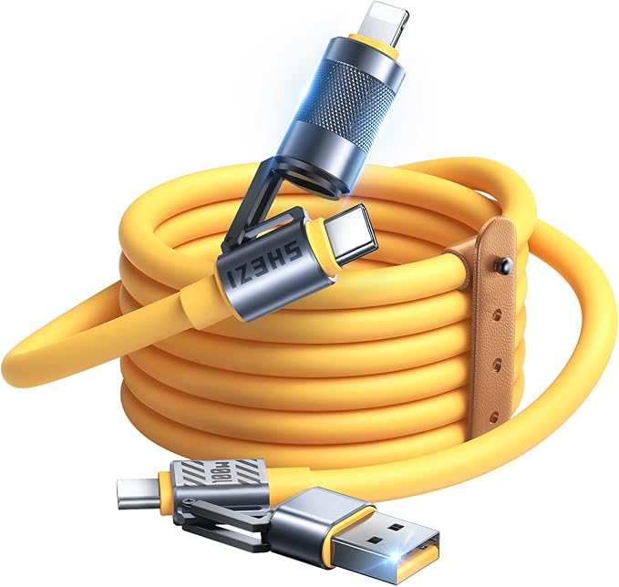 4 in 1 USB C Cable 100W Fast Charging & Data Transfer, Thicker Silicone Multi Charger Cord for iPhone iPad Charger Wire Combo with L/Type C/USB A for iPhone 17/16/15/Macbook (Yellow)