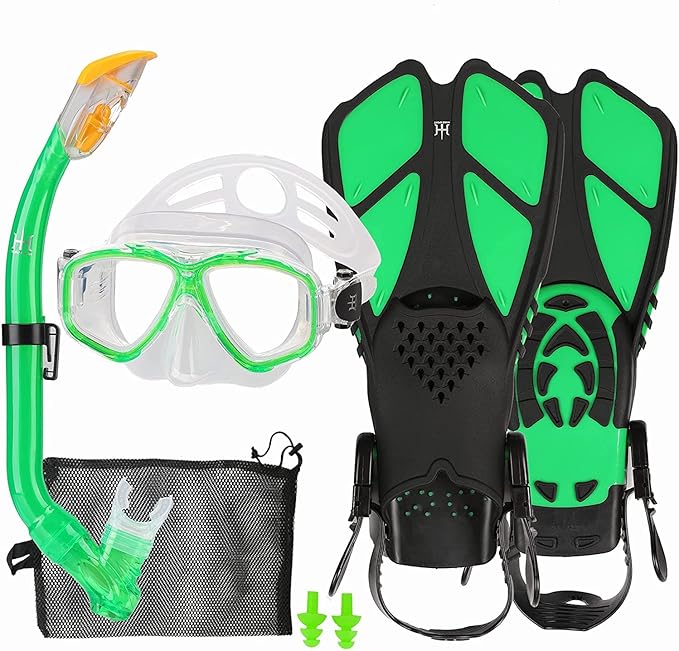 Kids Mask Fins Snorkel Set Snorkeling Packages, with Diving Mask, Snorkel, Adjustable Swim Fins, Mesh Bag, Anti-Fog Anti-Leak Snorkeling Gear for Kids for Snorkeling Swimming Diving