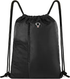 BeeGreen Black Drawstring Backpack Gym Bag For Men Women String Sports Backpack With Water Bottle Mesh Pockets And 2 Zippered Pocket Large Cinch Sackpack Workout Bag 16" x 20"