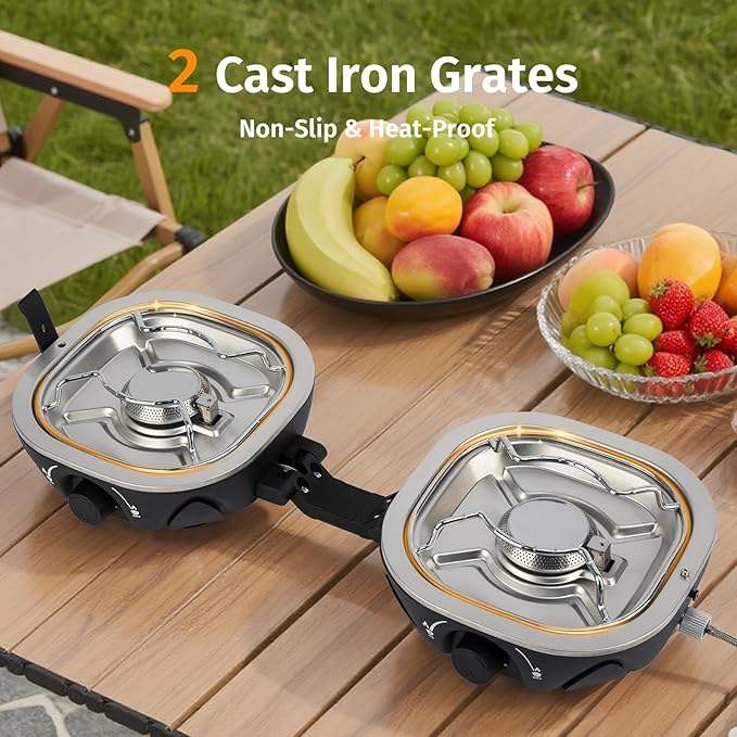 Propane Camping Stove 20,000 BTU - Portable 2 Burner Gas Stove with Adjustable Flame Control, Piezo Ignition, Carry Bag & Propane Adapter Hose, Folding Design for Camp, BBQ, Tailgating, Black