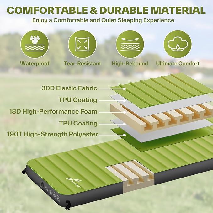 Sportneer Sleeping Pad for Camping: 4" Ultra-Thick Air & Foam Camping Mattress with 10 R Value, 4-Season Large Size 78" x 30" Self-Inflating Sleeping Pad for Camp/Travel/Car/Tent, Easy to Inflate