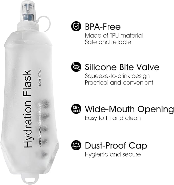 GYGYL Soft Flask, TPU Collapsible Soft Water Bottle for Hydration Pack, Running Vest, Leak-Proof Folding Water Bottle for Hiking Cycling Climbing Jogging-500ml White