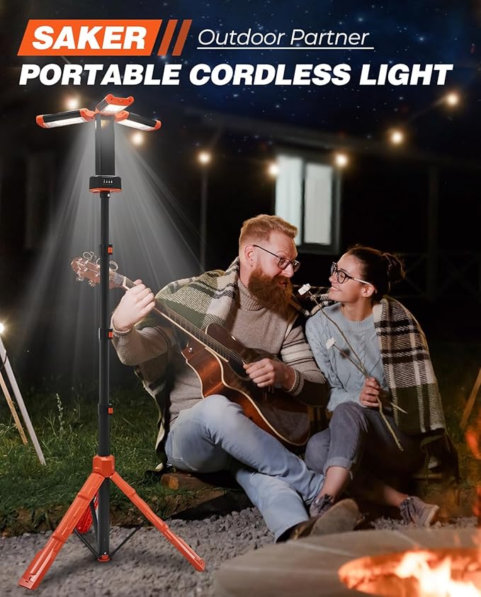 Saker Portable Camping Light with Stand 73.2" Rechargeable Work Light 800/3200 Lumen 4000/6500K Dimmable Emergency Flashlight for Garage, Outdoor Work, Power Outages, Fishing LD10 Orange