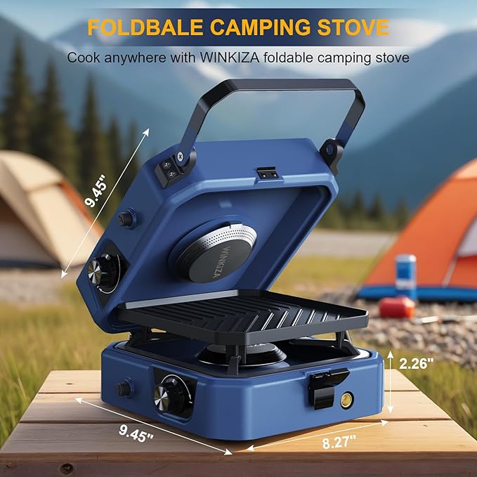 Upgraded WINKIZA 2 Burner Propane Camping Stove with Grill, Foldable Camp Stove with 16,000 BTU, Two Adjustable Burners with Piezo Ignition & Easy Carrying Handle, Portable Stove for Camping, BBQ