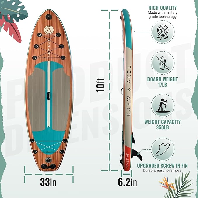 Crew Axel Inflatable Paddle Board 10’33’6” Extra Wide & Lightweight (18lb) Paddle Board – Premium SUP Set Includes 2 Bags, Floating Paddle, Camera Mount, 3 Fins, Dual Pump Kit