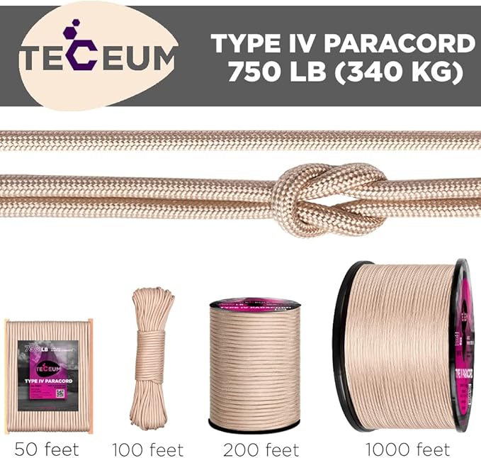 TECEUM 5/32" Paracord Rope 1000 – 1000ft / 200ft / 100ft / 50ft – Tactical Parachute Cord 4mm – 45+ Colors – Nylon String for Survival & Camping Gear – Stripe Cord for Survival – Utility Rope