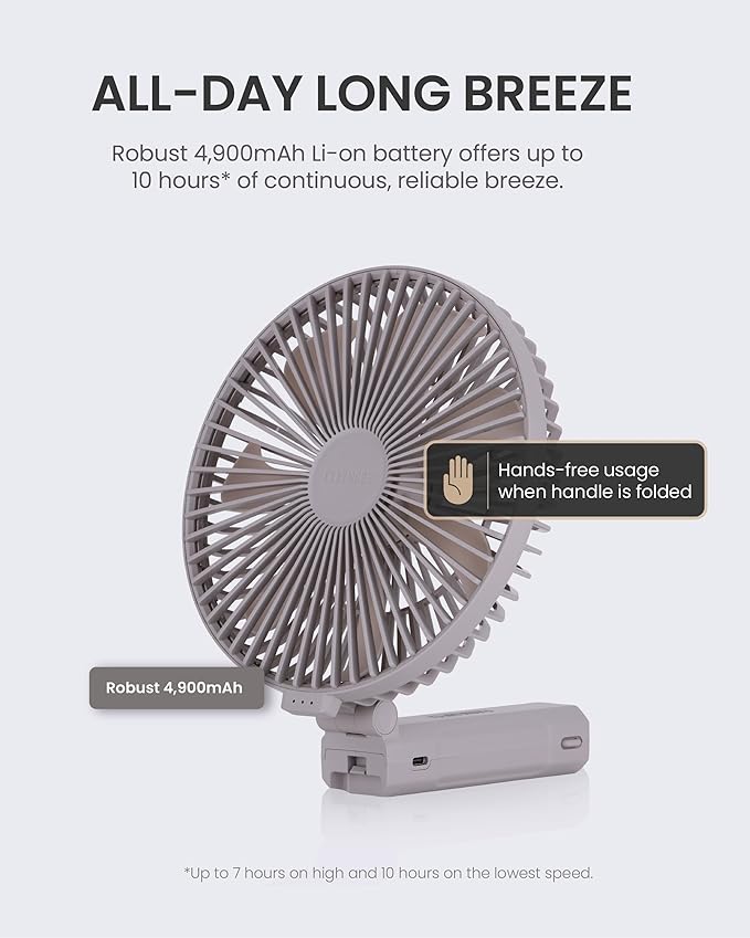 Claymore Handy A (Gray) Portable Handheld Fan - Rechargeable Foldable with Quiet BLDC Motor, USB-C Charging, 180° Adjustable Design, 6 Speed Settings, Personal Fan for Travel, Outdoor & Indoor Use