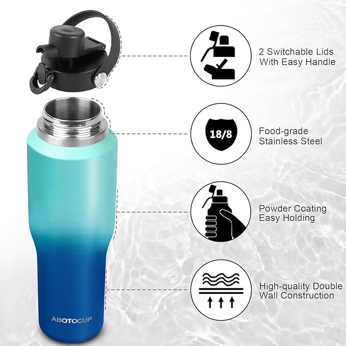 Insulated Water Bottle 40oz with Straw/Spout Lids, Stainless Steel Water Bottles Keep Cold 24h&Hot 12h, Metal Water Bottle with Straw that Fits in Cup Holder, Water Bottle Leak-proof,BPA Free