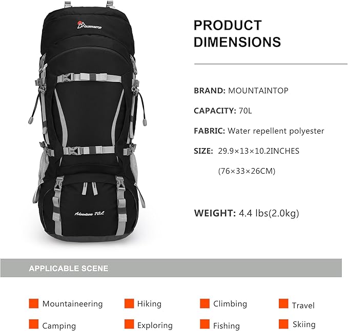 MOUNTAINTOP 70L Internal Frame Backpack Camping Backpacking Hiking Backpack for Men Women with Rain Cover