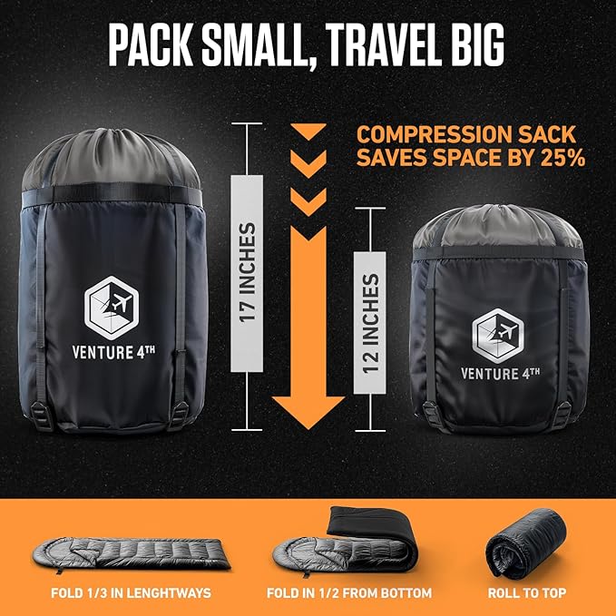 VENTURE 4TH Backpacking Sleeping Bag – XXL, Double and Single Sizes - Lightweight Warm & Cold Weather Sleeping Bags for Adults, Kids & Couples – Ideal for Hiking, Camping & Outdoor Adventures