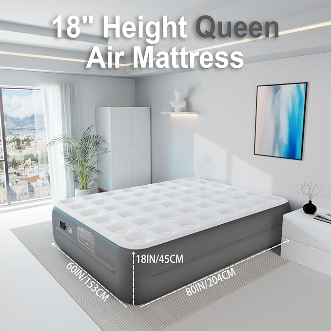 Queen Air Mattress wit with 1300mAh Battery Powered Pump,18"Raised Super soft and comfortable Dutch velvet fabric750lbs Support Portable Inflatable Mattress,Air Bed for Camping, Home and Guest-Grey