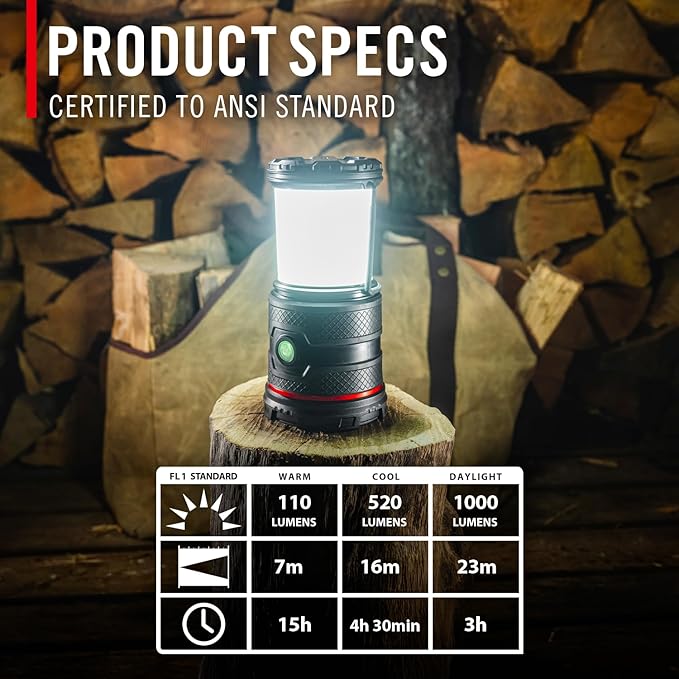 COAST EAL30R 1000 Lumen Rechargeable Emergency Camping Lantern with Warm, Day, Red & Red Flashing Mode, Foldeable Handle, 15 Hours of Runtime