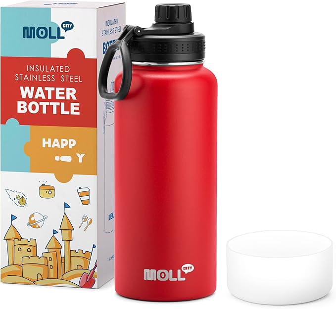 Insulated Water Bottle-32 oz Stainless Steel Vacuum Wide Mouth Sports Water Flask with Spout Lid-Reusable Metal Travel Water Bottle with Silicone Boot, BPA-Free(Canyon Red)