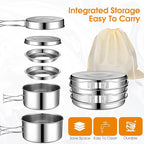 14 Piece Camp Cooking Set, Stainless Steel Camping Cookware with Pot and Pan Kit 2 Set Stainless Steel Cups Plates Forks Knives Spoons for Camping, Backpacking, Outdoor Cooking and Picnic