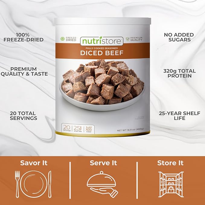 Nutristore Freeze Dried Beef Dices | Pre-Cooked Meat for Backpacking, Camping, Meal Prep | Long Term Survival Emergency Food Supply | 25 Year Shelf Life | Bulk #10 Can | Made in USA | 20 Servings