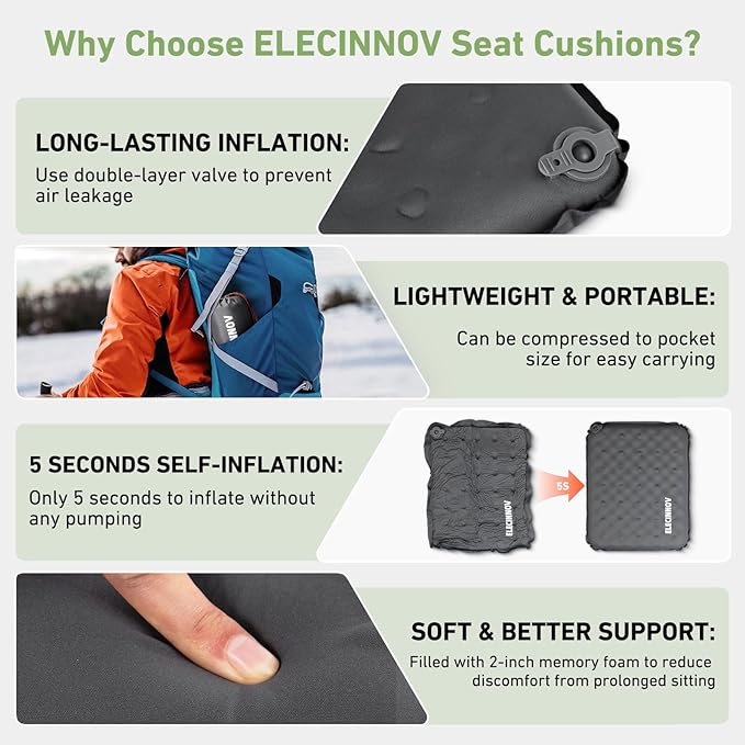 Inflatable Seat Cushion, Self Inflating Memory Foam Stadium Seat Cushion Lightweight Camping Chair Pad Airplane Cushion for Long Flights Outdoor Travel Bleacher Office Car Backpacking (Grey)