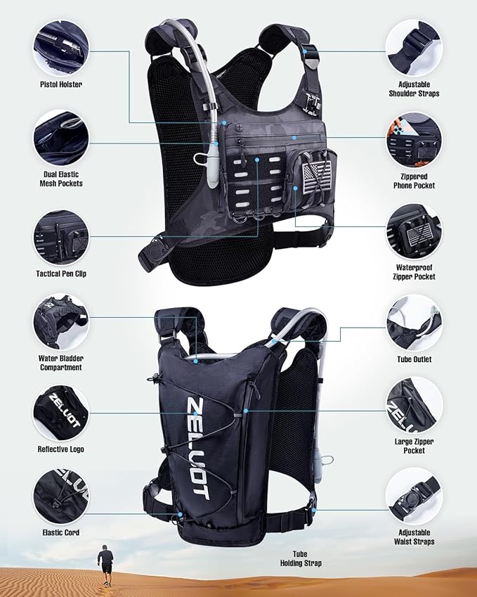 Running Vest with 2L Water Bladder, USA Original Patent, Lightweight Adjustable Chest Pack with Gear Holder, Reflective Running Hydration Vest for Women Men for Marathon