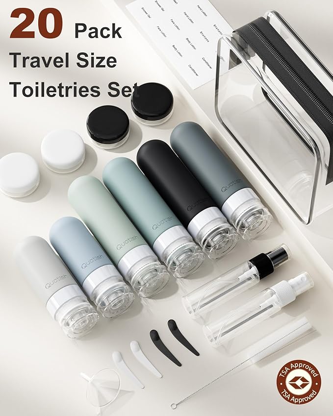 Quatish 20 Pack Travel Bottles for Toiletries, Original Patented, TSA Approved Travel Size Containers, Leak Proof Silicone Shampoo and Conditioner Bottles Women & Men, Airplane Essentials, Black