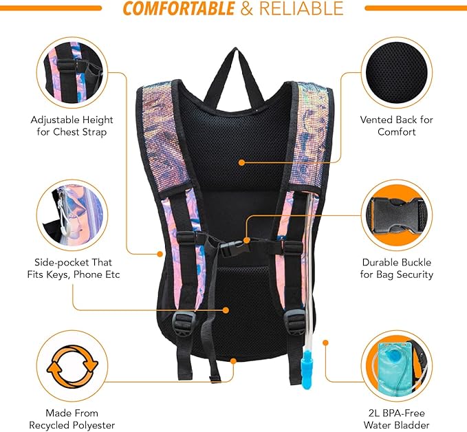 Vibe Festival Gear Hydration Pack Backpack with 2L Water Bladder for Women, Men, Teens, Kids - Hydropack Hydro Sports, Outdoor, Running, Camping, Hiking, Festivals, Raves