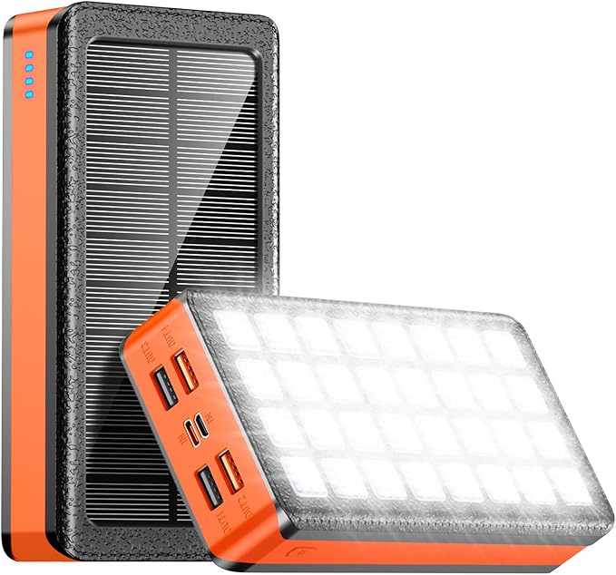 Solar Charger Power Bank 66800mAh Portable Charger with USB-C in/Output 22.5W QC3.0 Fast Charging 5 Out Ports Battery Pack Built-in 32 Led Flashlights for iPhone Samsung Tablet Camping