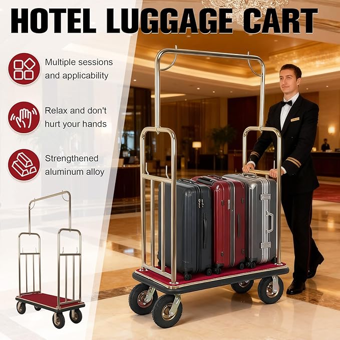 Generic Hotel Luggage Cart Wagon 39Lx19Wx68H Inch Metal Hotel Luggage Trolley Holds 881lbs 8-inch Silent Rubber Casters Carpet Deck Bumper Rails Bellman Cart for Hospitality Industry