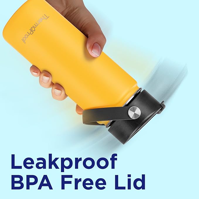 ThermoProof Insulated Water Bottle – Stainless Steel, Wide Mouth, Flip & Spout Lids, Leakproof, Dishwasher Safe, Reusable – Keeps Drinks Hot or Cold – for Adults & Kids – 18oz, Amber