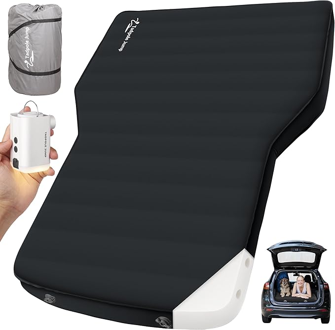 for Tesla Model Y Mattress Memory Foam, 4 inch Comfortable SUV Sleeping Pad with Powerful Air Pump, Inflatable Car Bed for Camping & Road Trips (Black+Gray)