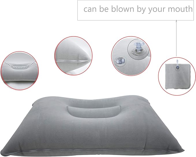 2 Pack Ultralight Inflatable Pillow Small Squared Flocked Fabric Air Pillow for Beach Hiking,Camping,Traveling,Napping,Desk Rest,Neck &Lumbar Support(Gray)