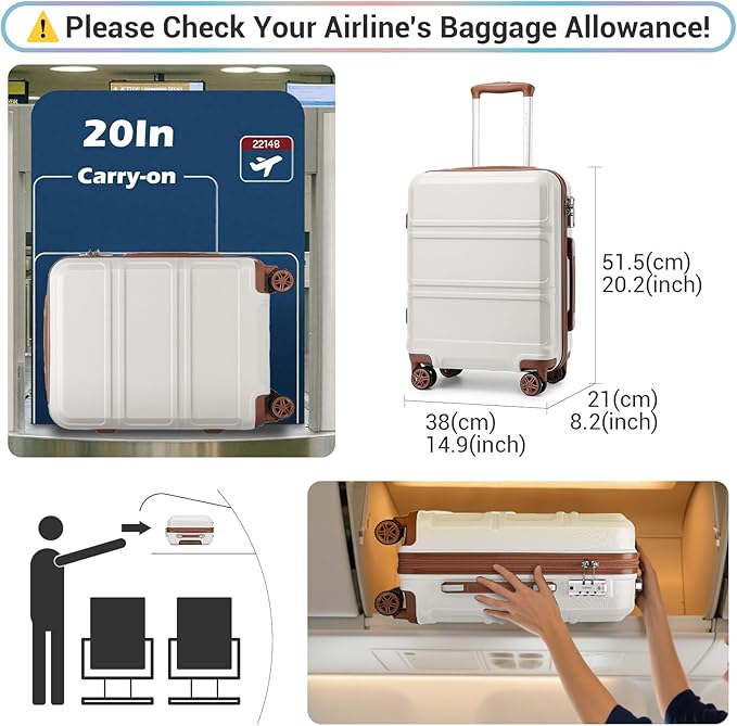 Kono 20'' Carry on Luggage Lightweight with Spinner Wheel TSA Lock Hardside Luggage Small Carry on Suitcase Cream White