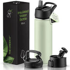 SipX™ Triple-Insulated Stainless Steel Water Bottle 18oz. With 3 Lids, BPA-Free Reusable Insulated Water Bottle Keeps Cold 24 Hours, (Green)