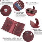 CONTACTS Full Grain Leather Passport Holder Compatible with Airtag RFID Blocking Passport Wallet Travel Slim Passport Cover with SIM Card Removal Tool (Bagde, Red)