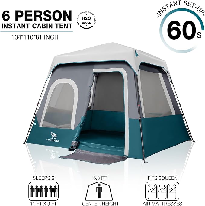 Camping Tents 4/6 Person Pop Up Instant Tent - Setup in 60s for Family Camping, Windproof Design, Family Cabin Tent with Rainfly & Backpack Carry Bag