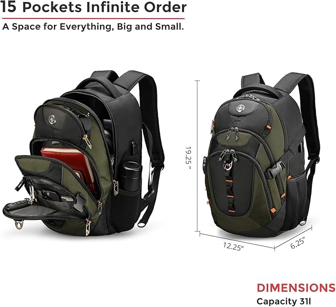 Swissdigital Design Laptop Backpack, Travel Backpack with USB Charging Port Fits 15.6 inches Computer, 31L College School Bookbag for Men,Olive/Black | SD803-26