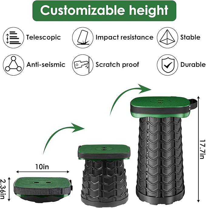 Folding Camping Stool, Square Collapsible Portable Stool with Elastic Seat Cushion& Adjustable Nylon Bag, Sturdy Lightweight Telescoping Foldable,Max Load 485lb (Green)